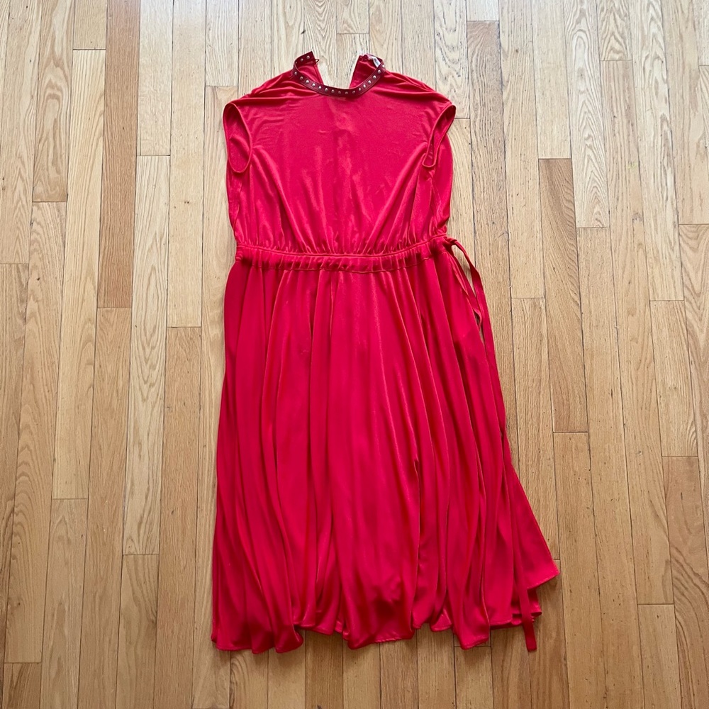 CELINE Red Flowy Dress W Leather Detail Sz 40